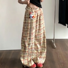2025 新しい夏のスタイル多用途痩身コントラストチェック柄スプライシングパンツ女性のアメリカンレトロシミターワイドレッグカジュアルパンツ