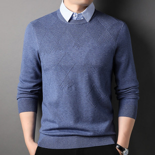 Fashion jacquard sweater men's fake two pieces 2023 Spring and Autumn new long sleeve bottoming shirt shirt collar sweater men