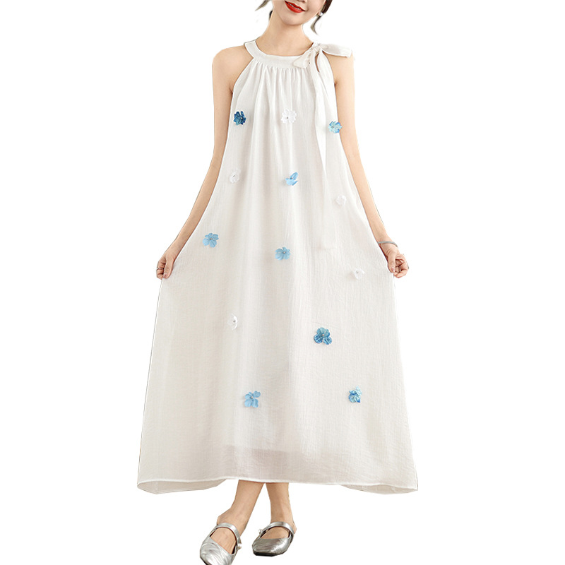 Three-Dimensional Flower Sleeveless Halter Dress For Women's Spring French Style Loose Belly Covering Blue Halter Long D_ecoleips.com