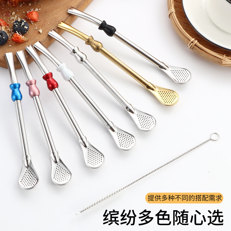跨境热销304不锈钢吸管 创意过滤吸管勺咖啡搅拌勺过滤金属饮管勺