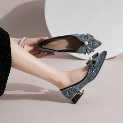 666-14春秋2024新款四葉草單鞋時尚尖頭水鑽法式中跟粗跟女鞋小眾
