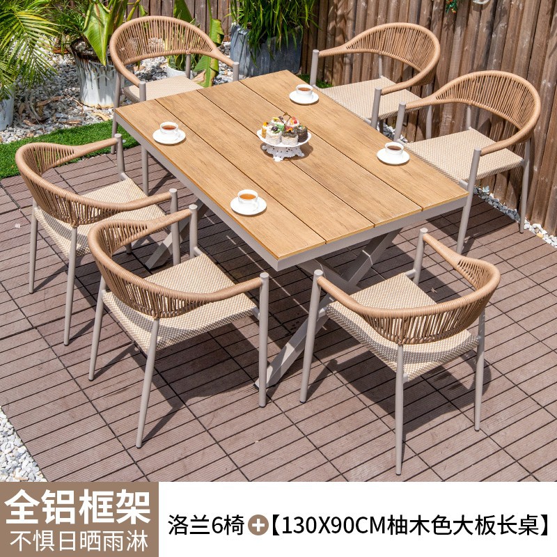 Mesas y sillas al aire libre patio de madera de plástico terraza jardín silla de mimbre balcón madera anticorrosiva al aire libre mesa de comedor de ocio combinación de ratán