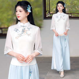 新款2026春季新款新中式国风棉麻刺绣立领修身茶服上衣雪纺裤套装