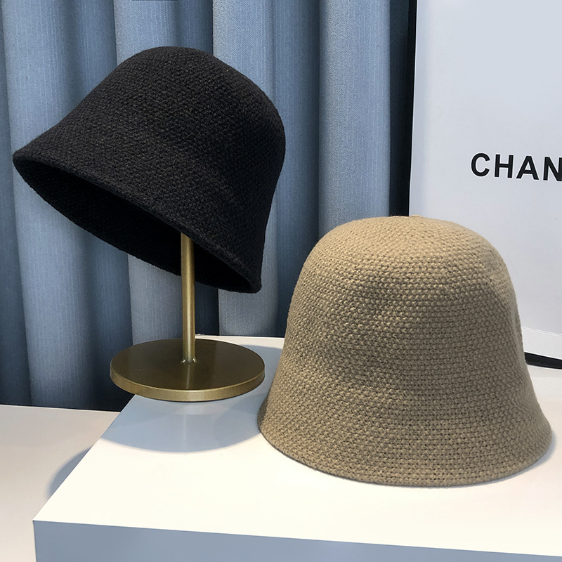 Korean-Style Knitted Fisherman Hat for Women, Autumn and Winter Plain Face-Shielding Bucket Hat, Solid Color Versatile Japanese-Style Cloche Hat