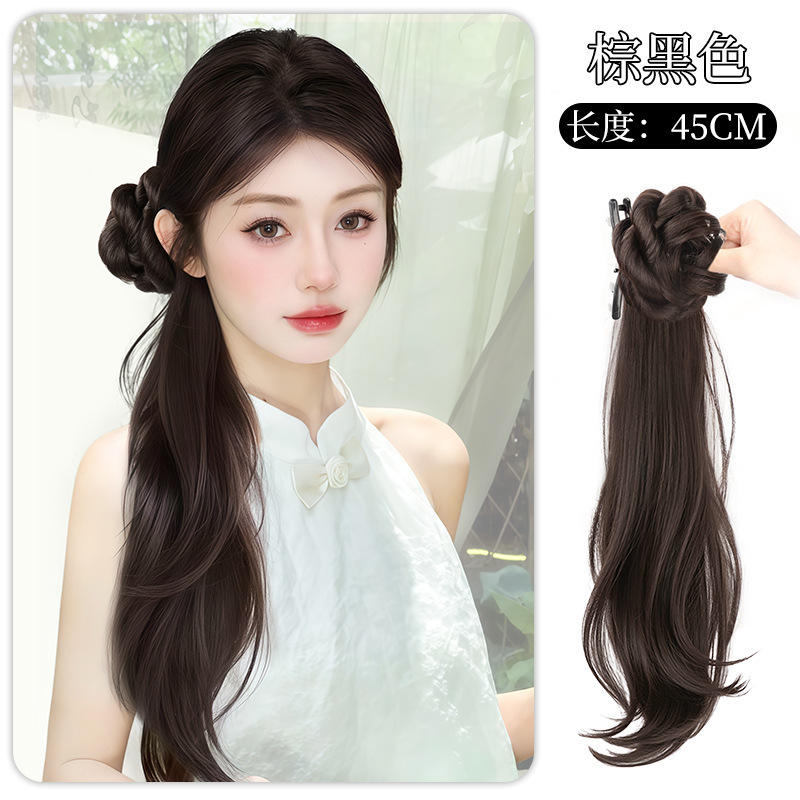 女性用ウィッグポニーテール、模擬毛、軽い中国風チャイナドレス、新しい中国風サイドグリップ三つ編み、クールなウィッグ三つ編みポニーテール|undefined