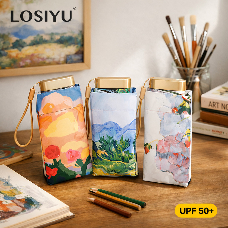 Oil Painting Mini Gold Umbrella Super Sun Protection UV Protection Six-fold Umbrella Gold Glue Sunshade Sun Umbrella Pocket Umbrella in stock