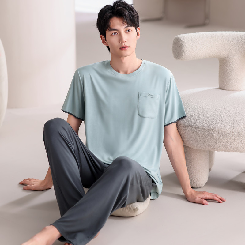 モーダルパジャマ男性夏の薄い氷糸半袖ズボン2点セットの大きいサイズの丸首カバーの家庭服
