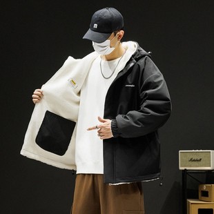 Double-Face Wearing Lamb Wool fleece-lined Thickened Cotton-Padded Jacket Men's All-Match Couple's Hooded Cotton-Padded Jacket Ins Trendy Loose Cotton-Padded Jacket