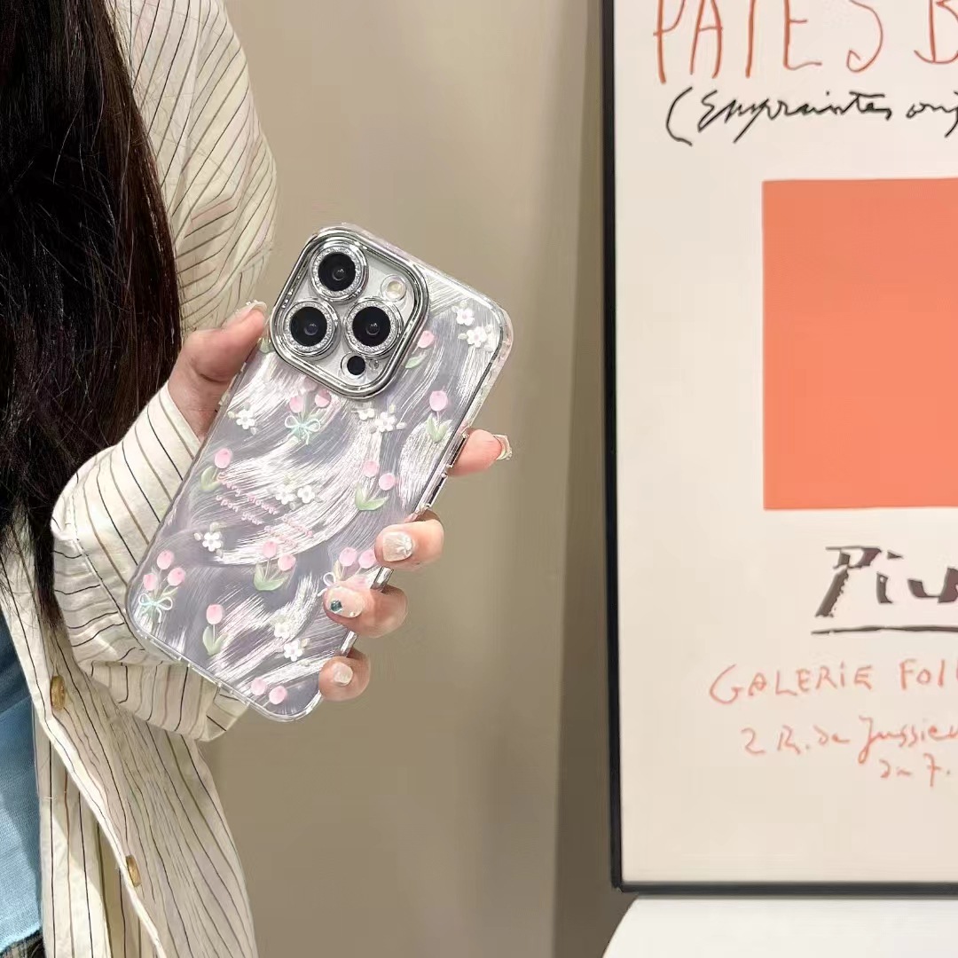 INS hilo de plumas tulipán rosa para iPhone16pro max Apple 15 funda para teléfono móvil 13 cadena de diamantes de imitación 12 mujer