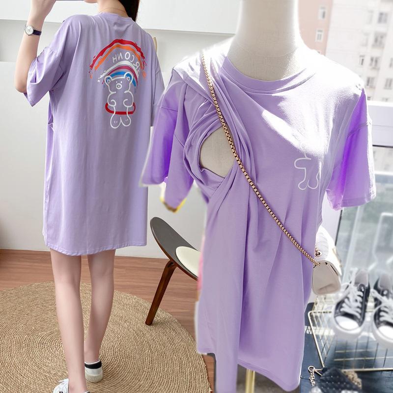 Maternity T-shirt nursing dress summer base skirt Korean style 2023 new loose feeding dress postpartum top women