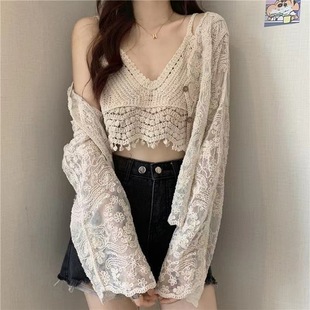 Factory Direct Supply Gentle Feminine Crochet Hollow Long Sleeve Lace Shirt Women's Mesh Top Sun Protection Clothing
