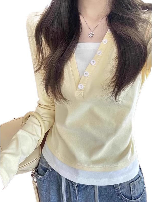假两件长袖T恤女早秋奶黄色2025新款修身正肩短款设计打底衫上衣|undefined