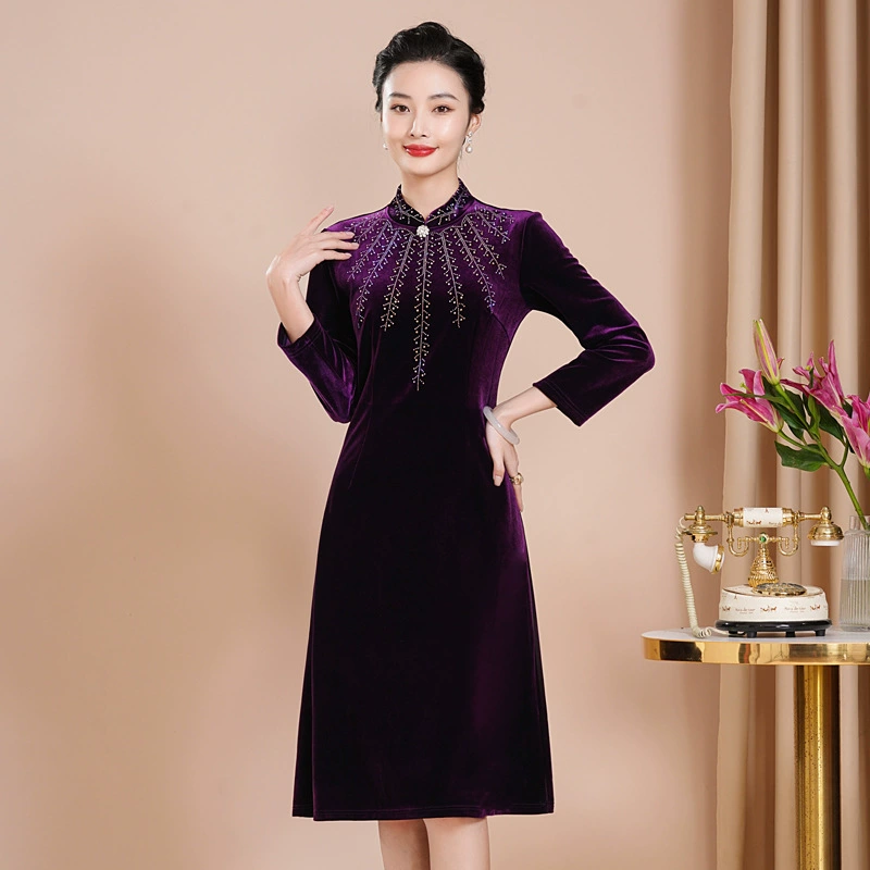 2023 осень новое платье для матери ретро элегантное Золотое бархатное платье Xi свадебное платье свекрови поколение волос