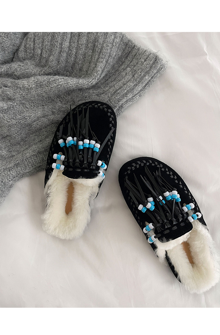 Guốc lười lông dày nữ mũi tròn kiểu Birkenstock có tua rua và hạt — màu nâu chi tiết 30
