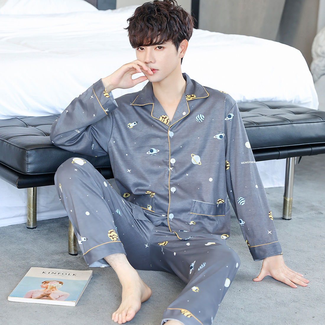 Pijamas de hombre Pijamas de primavera y otoño pantalones de algodón de manga larga de los hombres cardigan verde de mediana edad ropa de hogar traje de invierno para los ancianos