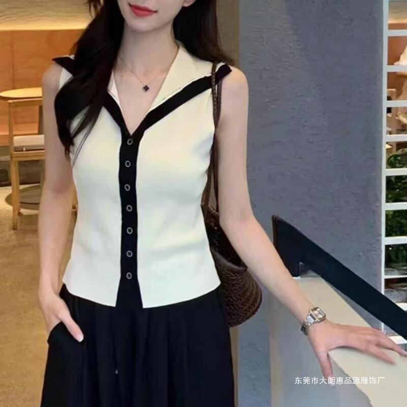 Summer Pure Wind Coloring Navy Collar Sleeveless Knitted Camisole Women's Sweet Design Sense Slim-fit Short Top