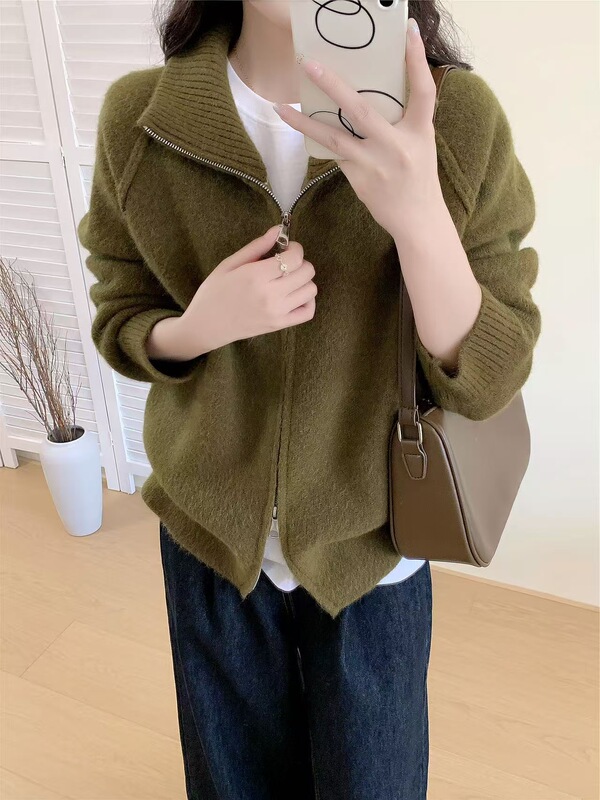 跨境慵懒风毛衣外套女2025秋冬新款韩系纯色立领拉链针织开衫|undefined