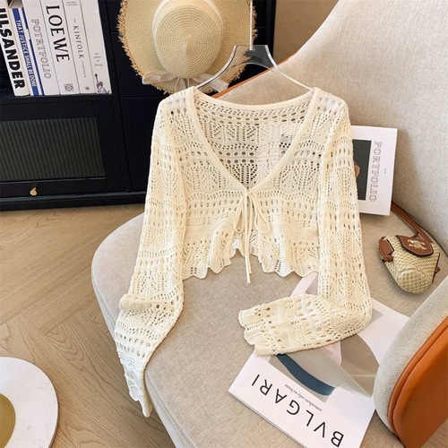 KANING Hollow Strap Sun Protective Knit Cardigan for Women 2025 Summer New Thin Style Elegant V-Neck Air Conditioning Cover Shirt