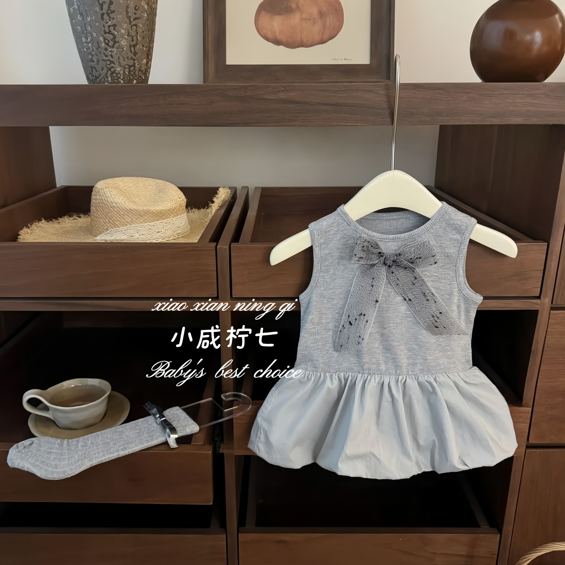 【Little Salty Lemon Seven】Ballet Girl! Girls' Laisi Gray Ice Feel Ribbed Puff Vest Dress Sweet Princess Dress