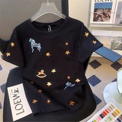 2025新型大衆黒半袖tシャツ女性夏デザイン感アメリカレトロ正肩純綿上着潮ins