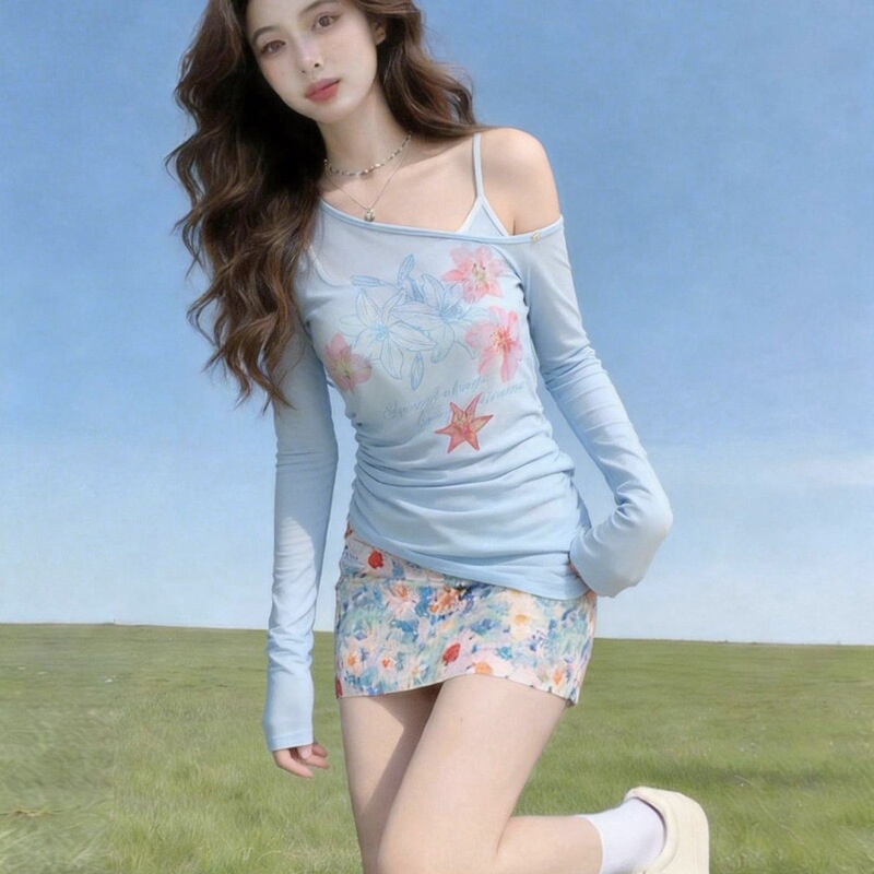[Ultra-Thin Tencel Ribbed] Plus-Size Printed One-Shoulder Long-Sleeve T-Shirt for Women, New Summer Style, Sun-Protective, Thin, Off-The-Shoulder Top