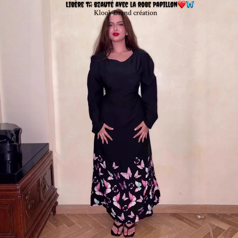 亚马逊欧美2025秋季新款甜美蝴蝶印花连衣裙收腰系带长袖修身长裙|undefined