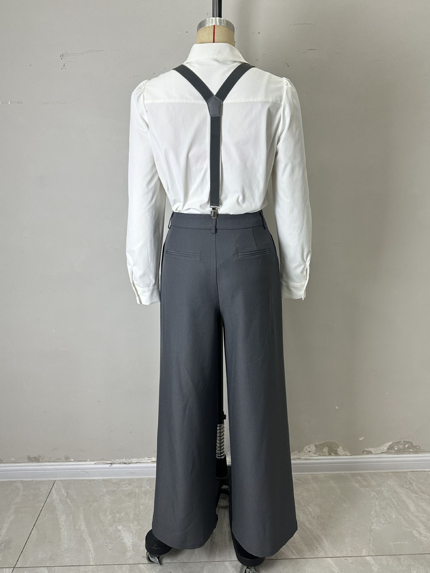 Artistic White Collared Long Sleeve Shirt Matching Gray Suspender Pants Two Piece Elegant Sets 11 Artistic White Collared Long Sleeve Shirt Matching Gray Suspender Pants Two Piece Elegant Sets