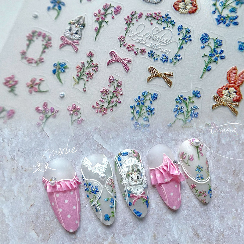 Tomoni nombre conjunto 5D micro-tallado Rosa pequeña flor tridimensional Blanco Rosa pegatinas de uñas en relieve bordado pegatinas de uñas