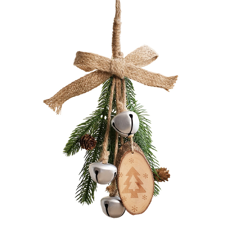 Colgante de Navidad campana pequeña cuerda de cáñamo arco decoración árbol de Navidad pinos ramas de madera escenas de diseño suministros