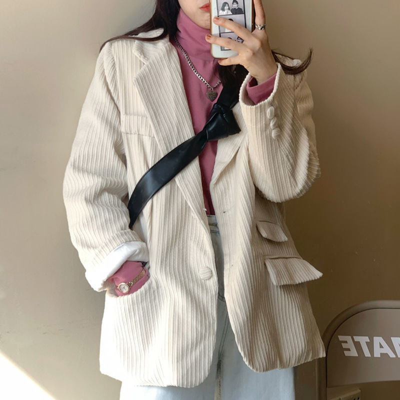灯芯绒中长款西装外套女韩版秋冬2025新款宽松炸街休闲西服上衣潮|undefined
