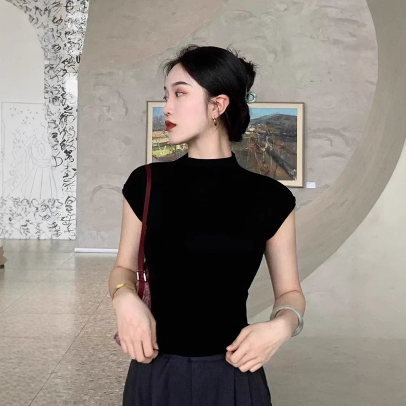 French Half-high Neck Tencel Flying Sleeve Knitted Short-sleeved T-shirt Women's Summer 25 New Shoulder Spice Girl Top Slim-fit Pure Slim French Half-high Neck Tencel Flying Sleeve Knitted Short-sleeved T-shirt Women's Summer 25 New Shoulder Spice Girl Top Slim-fit Pure Slim