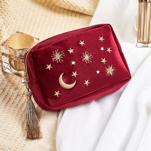 Large-Capacity Travel Bag, Exquisite Embroidered Bag, Storage Bag, Clutch Bag, Toiletry Bag, Four-Color Star and Moon Velvet Cosmetic Bag