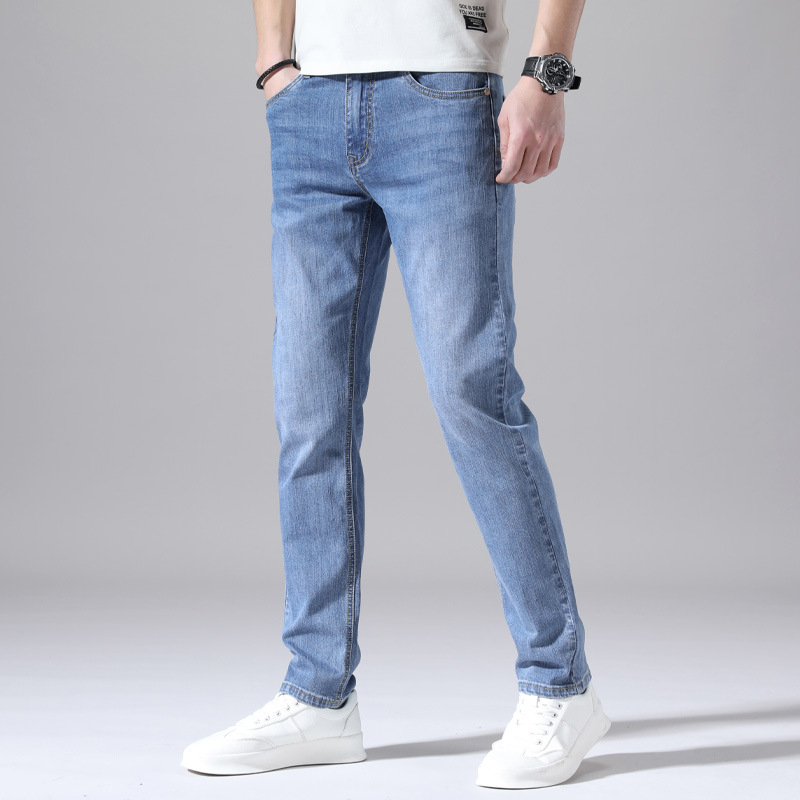 2025 primavera y verano algodón elástico color claro delgado jeans para hombres elásticos delgados pequeños pantalones casuales de todo fósforo de moda recta