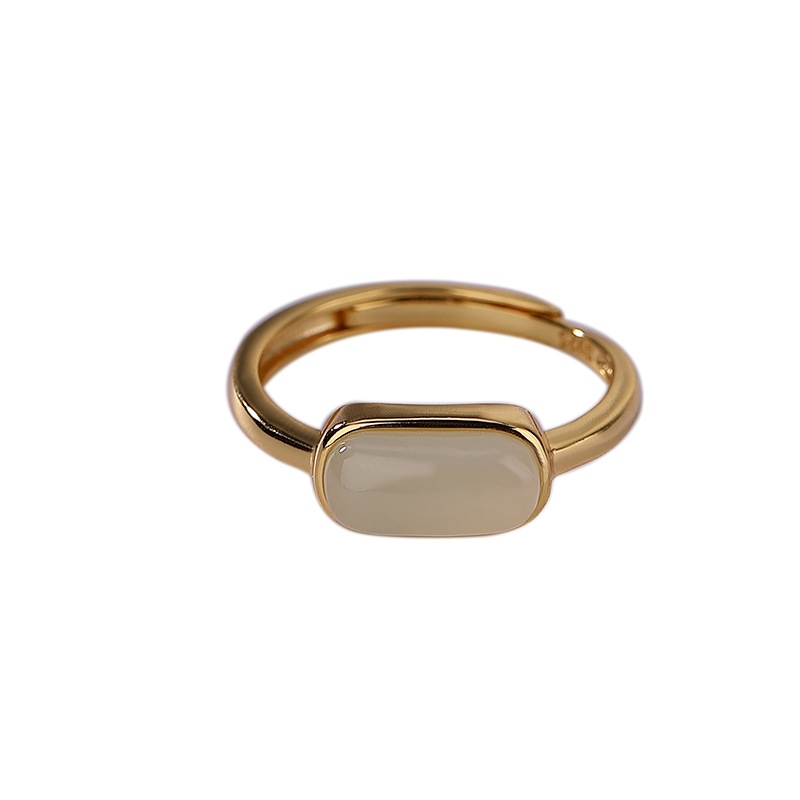 Nhẫn nữ bạc S925 mạ vàng đính ngọc bích Hetian tự nhiên, kiểu hở mặt sáng đa năng — Kiểu màu bạc