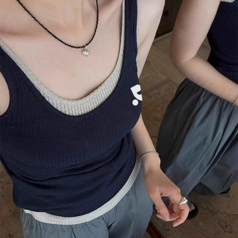 Korean Restandrecreation Sexy Fake Two-Piece Breast-Covering Slimming Look Vest Knitted Sleeveless Top Summer