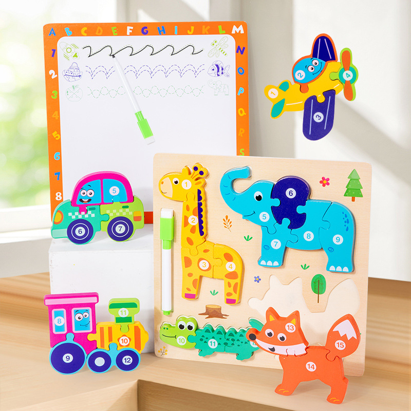 Tablero de rompecabezas de animales hecho a mano para bebés y niños, juguete de regalo de forma de rompecabezas cuatro en uno, madera de rompecabezas de educación temprana Montessori