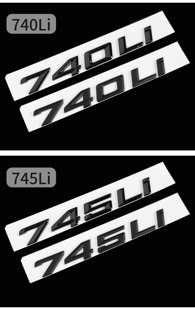 BMW 7 Series black lettering modification, digital M emblem for 730Li, 740Li, and 750Li models, available in glossy black and matte black