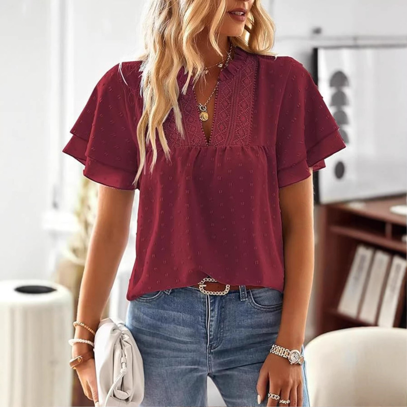 Cross-Border European and American Elegant Holiday Style Deep V Lace Short-Sleeve Women's Blouse 2026 Spring/Summer Amazon Independent Site