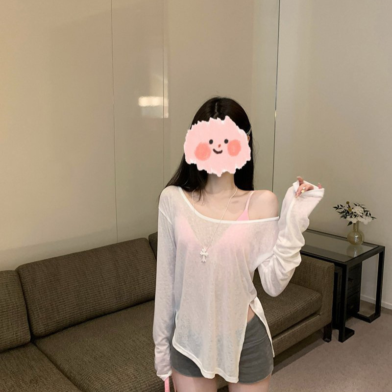 Korean Style Design Sense Shoulder Perspective Sunscreen Long-sleeved T-shirt Spring and Autumn Pure Desire Wind Split Blouse Casual Top for Women Korean Style Design Sense Shoulder Perspective Sunscreen Long-sleeved T-shirt Spring and Autumn Pure Desire Wind Split Blouse Casual Top for Women