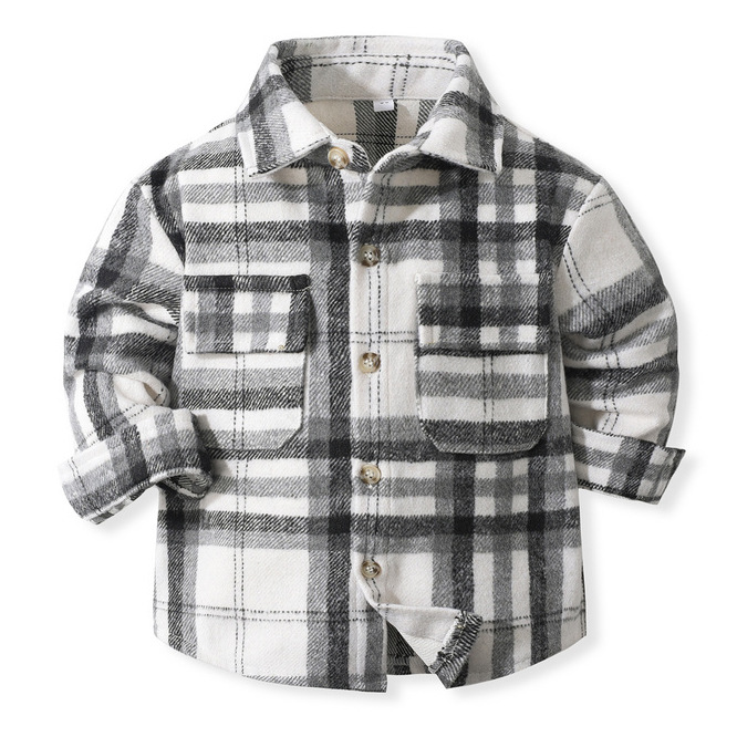 Abrigo cepillado para niños Otoño e Invierno Nuevo estilo europeo y americano para niños de manga larga a cuadros Suede camisa de un solo pecho