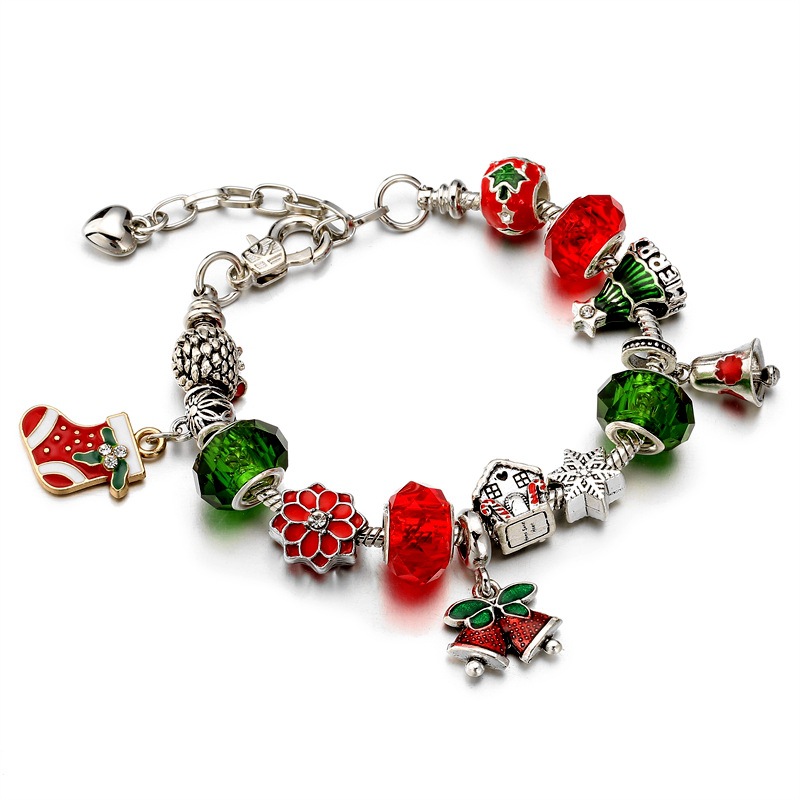 Europea y americana DIY con cuentas de hueso de serpiente cadena cuentas de vidrio muñeco de nieve muleta pulsera Navidad campana regalo Navidad pulsera