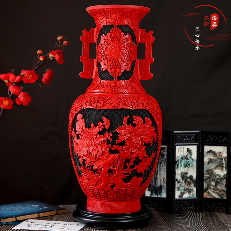 18寸扬州雕漆中国红漆器摆件装饰花瓶古典进宅商务民间特色礼品