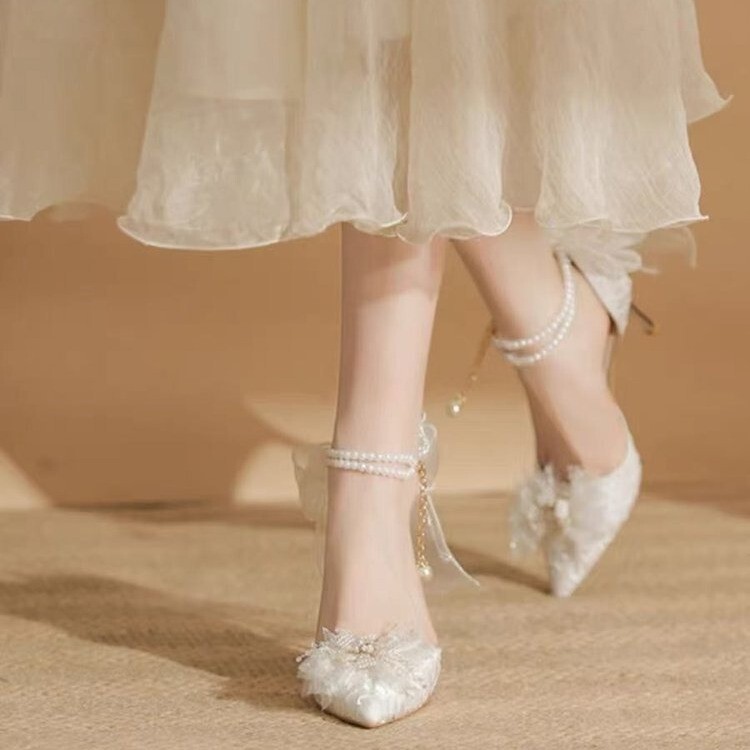 High Heels 2025 New Pointed Toe Sequin Bow Hollow Shoes Adult Ceremony Wedding Shoes Bridal Shoes Pointed Toe Shoes