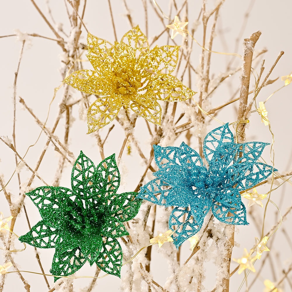 Colgante de Navidad polvo de oro polvo de polvo de plástico flor de simulación accesorios de guirnaldas de decoración de árbol de Navidad flores de Navidad