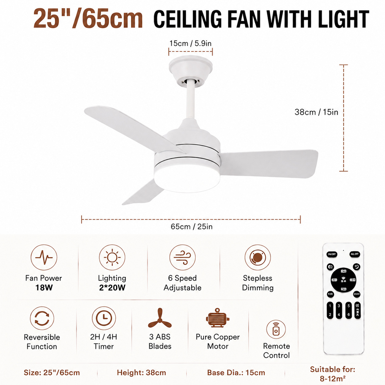 Ventilador de Techo con Luz de PC y ABS con Control Remoto para Dormitorio y Restaurante