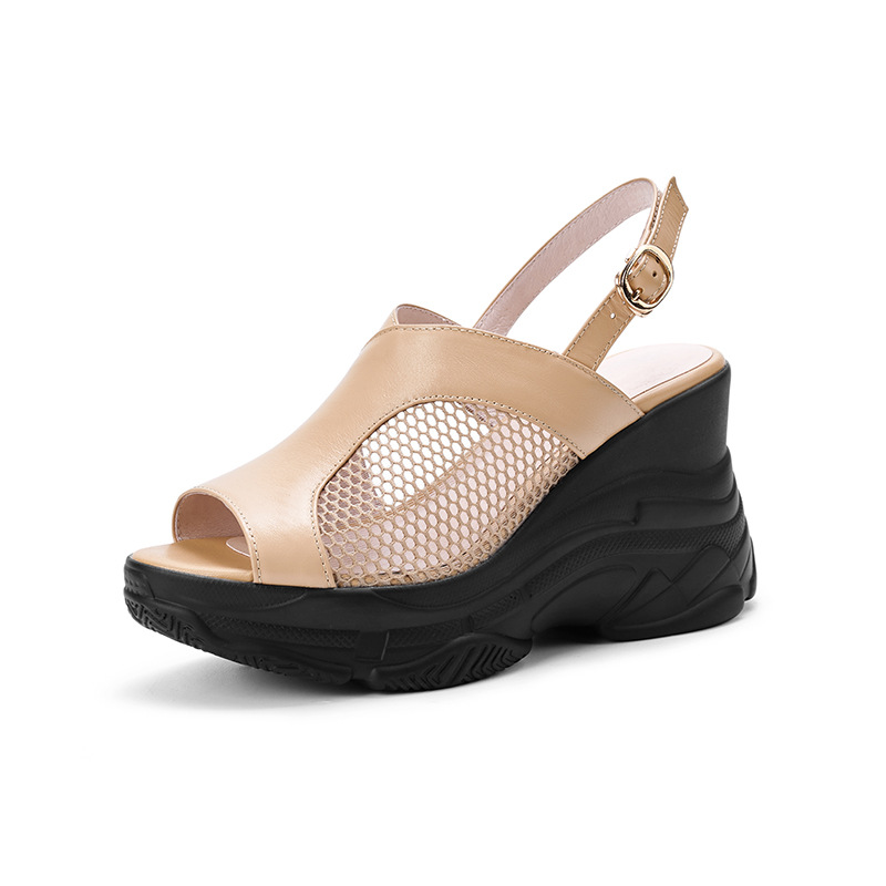 Sandal nữ hở mũi đế xuồng gót cao 9 cm, da bò lưới phối miệng cá — Màu trắng be