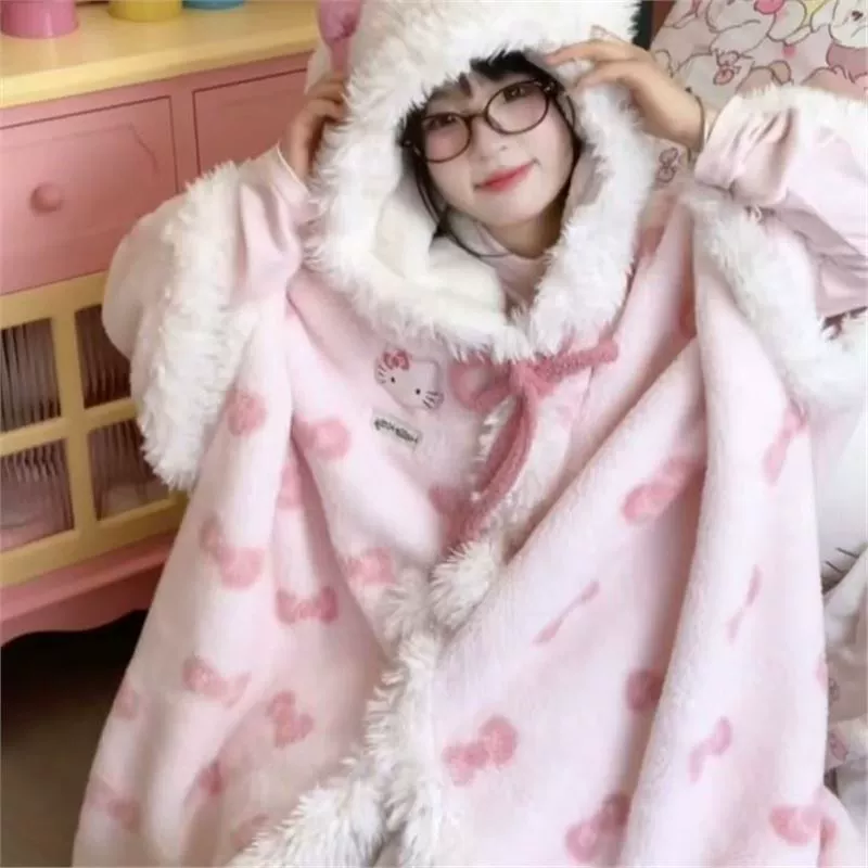 Ночная рубашка Hello Kitty с розовым бантом, зимняя коралловая бархатная домашняя ночная рубашка, милая и милая домашняя одежда для девочек