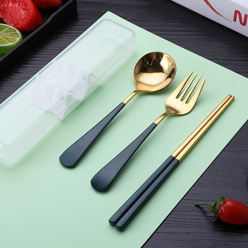 Jieyang 304 stainless steel three-piece fork, chopsticks, soup spoon gold-plated set gift student outdoor portable tableware