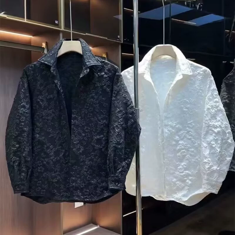 Весенние и летние новые плавающие тисненые рубашки мужские японские ниши красивые свободные модные дикие куртки с отворотами