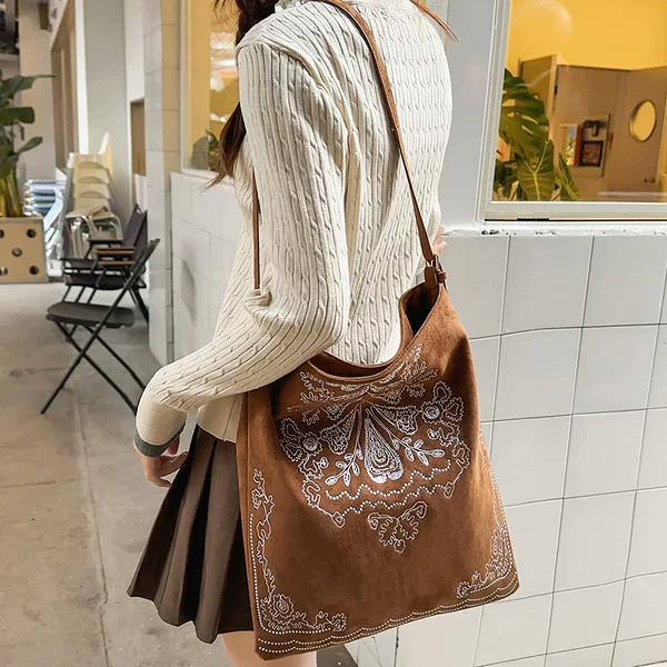 Bohemian style embroidered suede tote bag, casual and relaxed, large capacity shoulder bag, versatile crossbody bag for women